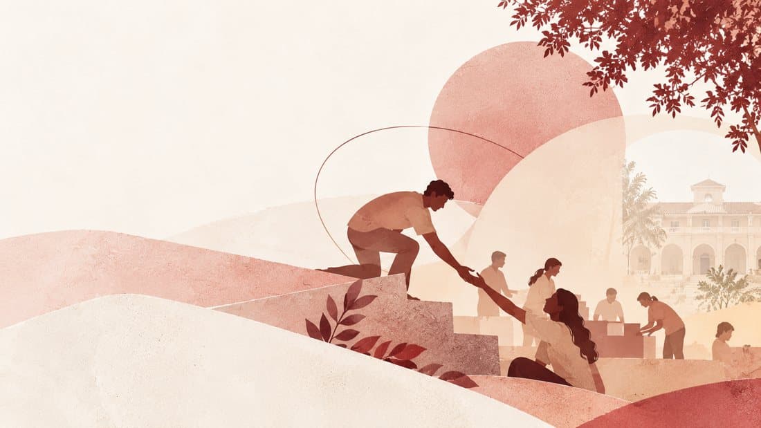 Illustration of one person helping another up the steps