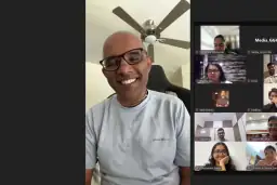 The guest speaker joining alumni by video call